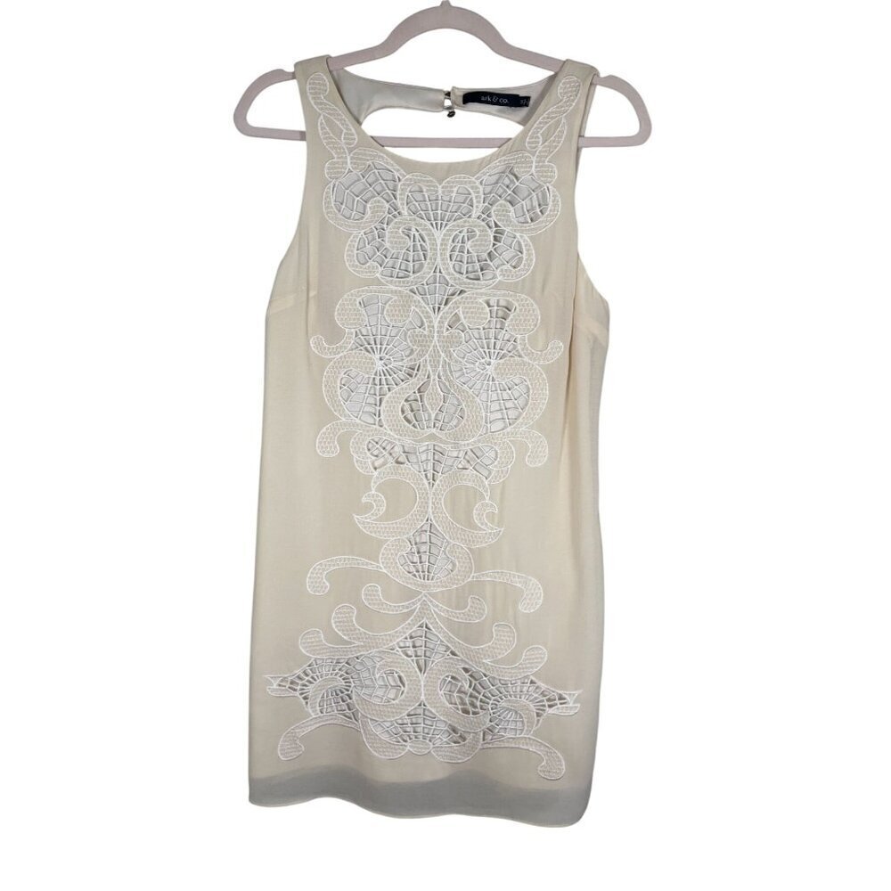 Ark & Co Floral Lace Cutout Dress M Cream Sheath Old Money Retro Classic Chic